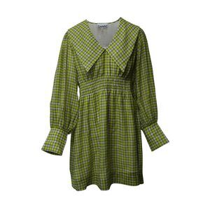 Ganni Wide Collar Smocked Mini Dress in Yellow Print Polyester